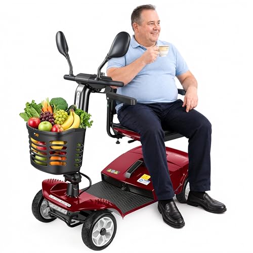 Image of 4 Wheel Mobility Scooter 400 LB Capacity, 550W Powerful Motor, Red | 360 Adjustable Seat | 27.6 inch Armrest Spacing | Equipped with Automatic Brake & Basket | Suit for Seniors, Adults, Handicap