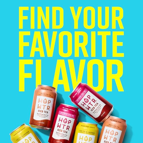 Image of HOPWTR Iced Tea Variety Pack - Peach, Raspberry & Lemonade Sparkling Tea, Non Alcoholic Functional Beverage with Adaptogens, Nootropics & Vitamin C, Zero Sugar (12 Pack, 12oz Cans)