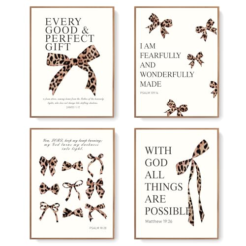 Image of LARTSFRO Coquette Leopard Bow Wall Art Decor Posters, Y2K Cheetah Leopard Bow Room Bedroom Bathroom Dorm Wall Art Decor Aesthetic for College Teen Girls Gifts, Inspirational Bible Verses Bow Wall Decor, 12x16Inch Set of 4 Pcs Cheetah Bow Pictures (UNFRAMED)