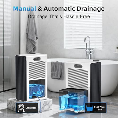 Image of 98 OZ Small Dehumidifier for Home 1000 Sq Ft, Quiet Dehumidifier with Drain Hose, Auto Shut-Off, Sleep Mode, 7-Color Light for Basement, Bedroom, Bathroom, Closet, RV (Cream Black)