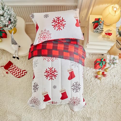 Image of Christmas Toddler Bedding Set for Boys Girls Red White Sock Colorful Holiday 4PC Toddler Bed Set - Cute Toddler White Bed in a Bag with Gray Red Snowflake