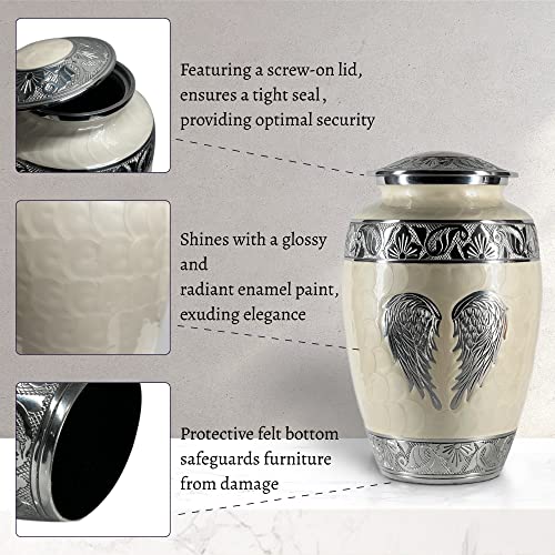 Image of Cremation Urns for Human Ashes Adult Female and Male - Large Decorative Burial Funeral Urn with Angel Wings Design, Pearl White