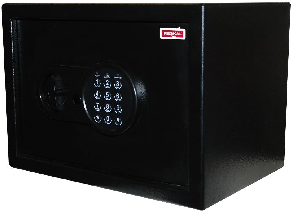 RESKAL – Coffre de Sécurité 16,5L avec Combinaison Électronique et Alarme – 2 Pênes de 20mm, Clé de Secours – Acier Monobloc – Dimensions 250x350x250 mm – Robuste et Sécurisé