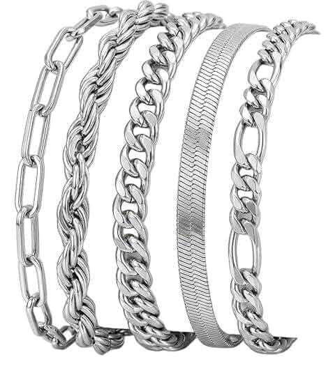 IOQCZQOI Silver-Tone Stackable Chain Bracelet Set for Women - 5-Piece Multi-Style Link Jewelry, Adjustable Layering Accent...