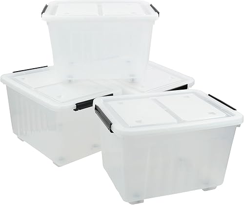 Miniatura 7 de Bringer Paquete de 4 cajas de almacenamiento grandes de plástico caja de almacenamiento transparente de 70 L con ruedas