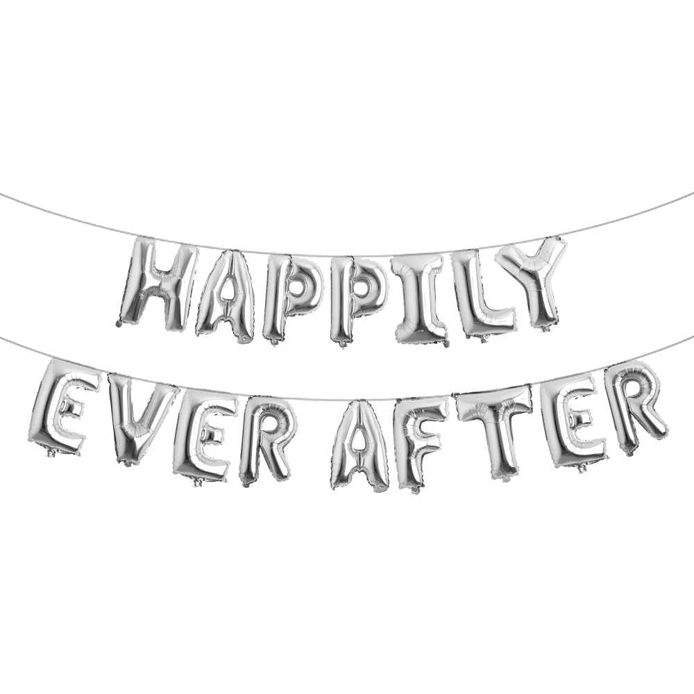 Photo 1 of Bridal Shower Wedding Decorations Signs Just Married Decorations Happily Ever After Balloons Sign Bachelorette Banner Engaged Banner Bridal Party Decor (HAPPILY EVER AFTER Silver)