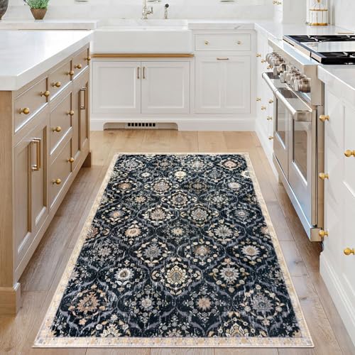 KILOCOCO 3x5 Moroccan Super Soft Area Rug Washable Living Room, Vintage Floral Rug Indoor Non-Slip, Print Faux Wool Accent Indoor Entryway Rug for Laundry Playroom Office, Black/Navy Blue/Multi