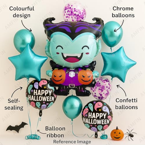 Image of AMFIN (Pack of 11) Halloween Balloon Decoration Set - Cartoon Vampire Foil Balloon, 2 inchHappy Halloween inch Round Balloons, 2 Blue Star Balloons - Spooky Party Supplies for Kids & Adults