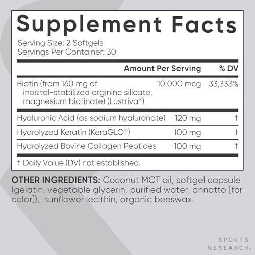 Image of Sports Research Hair, Skin & Nails Complex - Supports Hair Growth, Glowing Skin & Strong Nails - w /Lustriva Biotin, Collagen, Hyaluronic Acid & KeraGLO Keratin - Non-GMO, Gluten-Free, 60 Softgels
