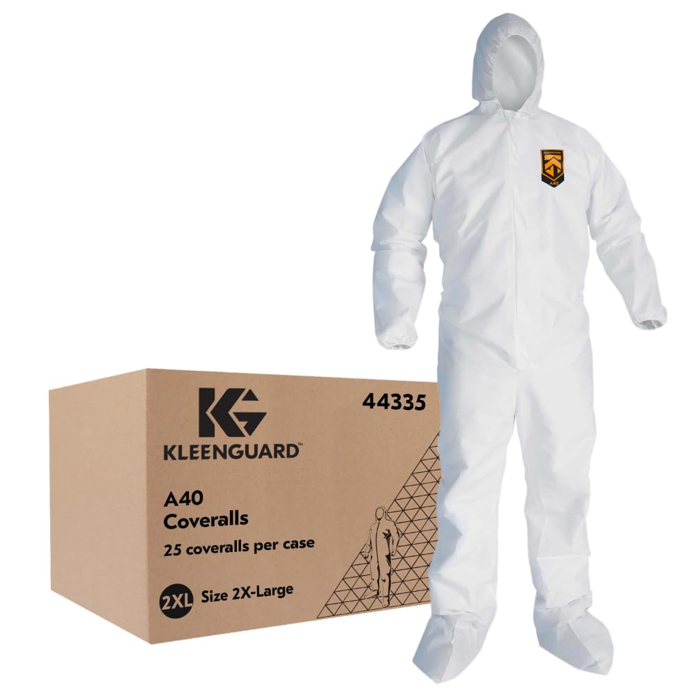 KleenGuard 44335 A40 Elastic-Cuff, Ankle, Hood & Boot Coveralls, White, 2X-Large (Case of 25)