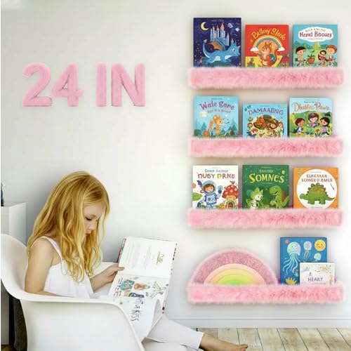 Image of 1PC Plush Bookshelf for Kids, Soft Hanging Wall Book Display Shelf | Nursery Floating Book Organizer, Easy Mount Soft Storage Shelf, Pink