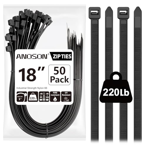 Large Zip Ties 18 inch 50 Pack Long Zip Ties Heavy Duty with 220 lb Tensile Strength Big Cable Ties Black ANOSON