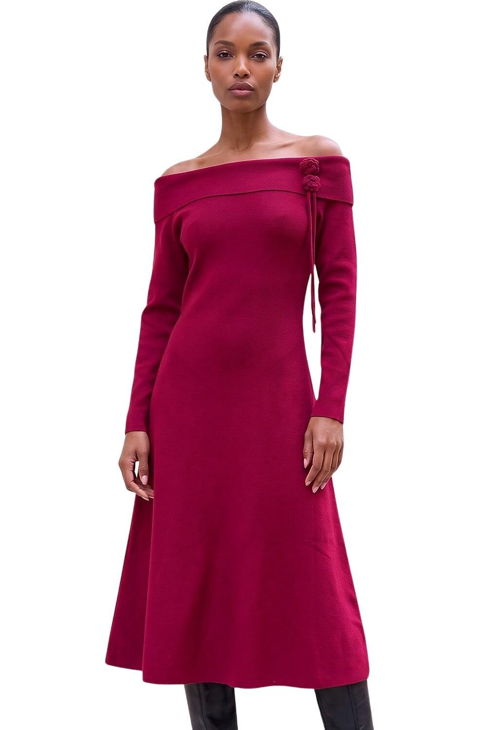 Roman Women's Red Floral Bardot Knit Midi Dress In | : Size 12