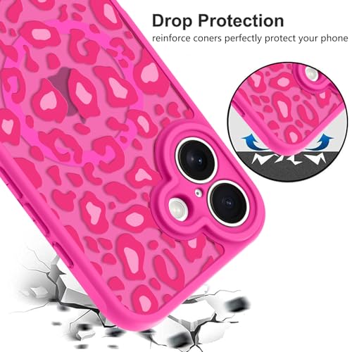 Image of KANGHAR Case for iPhone 16 Hot Pink Leopard Printed Pattern | Cute Cheetah [Compatible with Magsafe] Protective Magnetic Case for Girls Women 6.1 inch