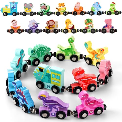 2 Set/24 Pcs Magnetic Dinosaur Animal Train Set Montessori Toys for Toddler