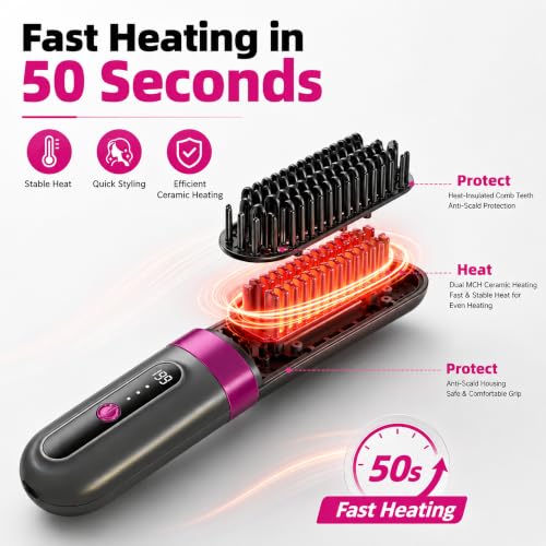 Image of Cordless Hair Straightener Brush for Women, Fast Heating Anti-Frizz Hair Styling Tool, 3 Heat Settings, 300M Negative Ions, Portable Rechargeable Straightening Brush for Travel & Daily Use