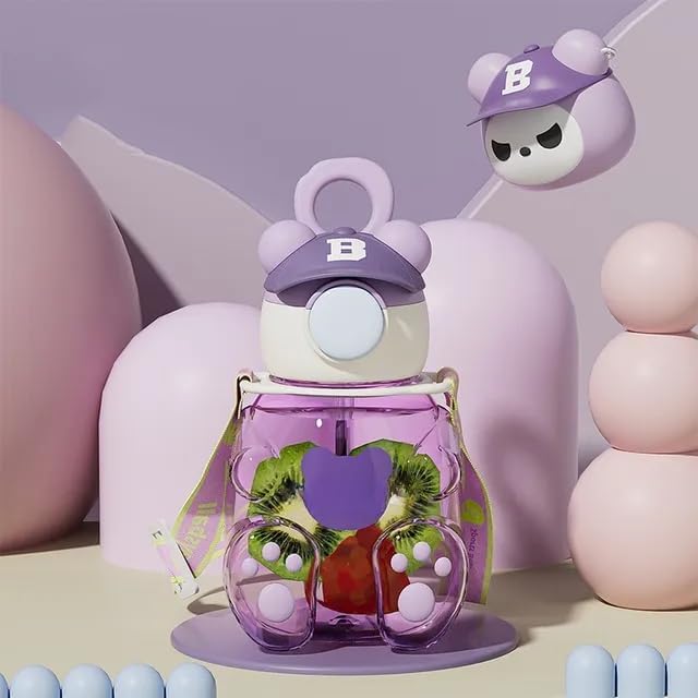 Cartoon Shape Kids Water Bottle with Straw,Shoulder Belt,Bottle cleaner brush,2D Sticker,3D Sticker Non-Toxic BPA Free Sipper Bottle Leak Proof Bottle for School Kids(Pack Of 1) (PURPLE)-image-18
