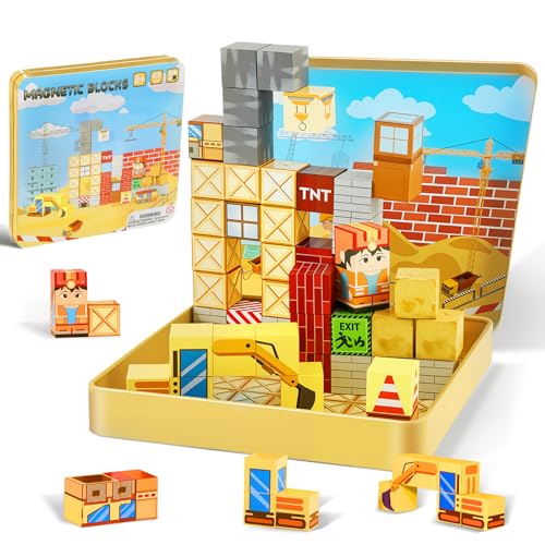 zxtwtoy Bloques Magnéticos de Construcción, 49 Piezas Juguete de Viaje Caja de Hierro Portátil 2CM Cubos Bloques Magnéticos, Juguete Creativo Magnético de Educativos Regalo para Niños 3+ Años