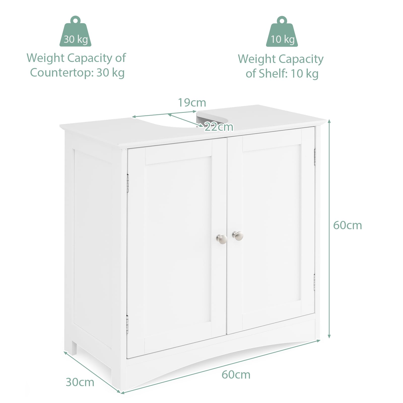 LIFEZEAL Armadio U sotto lavabo, mobile 2 ante 2 ripiani, 60x30x60 cm, bianco (stile 3)