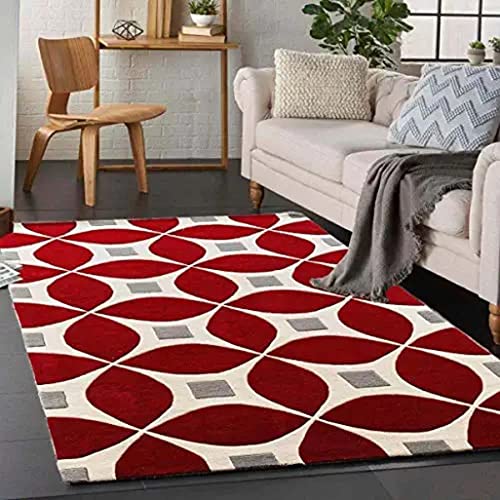 Image of Export Quality Handtufted Woolen Carpet for Living Room Bedroom & Hall - Color - Red /White - Size - 7 x 10 Feet