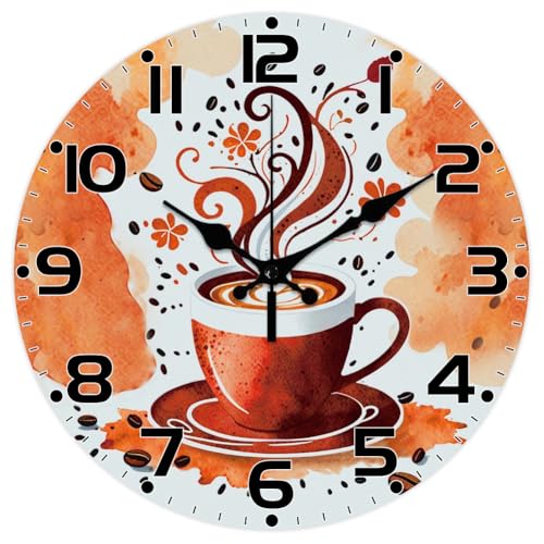CHGCRAFT Horloge Murale à Motif Café 12(5) cm Style Aquarelle Silencieuse à Piles sans Tic Tac Motif Grains de Café Décorative Ronde pour la Maison Ou Le...