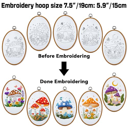 Image of ORIGACH 5 Pack Mushroom Embroidery Kits for Beginners, DIY Stamped Cross Stitch Kit with Mushroom Patterns Hoops Needles Threads and Instructions for Adults Embroidery Craft Lover