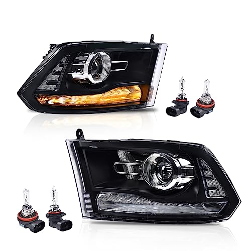 Image of GRAND ORANGE LED Bar Plank Style Headlights Assembly Compatible with 2013-2018 Dodge Ram 1500 2500 3500 FACTORY PROJECTOR 9 PIN MODEL Clear Lens Black Housing Clear Reflector