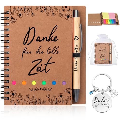4-teiliges Dankeschön-Geschenkset, bestehend aus Spiralblock, Druckkugelschreiber, Schlüsselanhänger und Mullbeutel, geeignet als Abschiedsgeschenk für Lehrer, Mitschüler, Kollegen und Freunde（Danke）