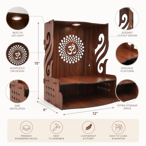 Image of Gift Kya De Wooden Temple for Home Pooja with LED Light | Swan Design Mandir for Wall /Table Top | Home Temple with Om Carving | Pooja Mandir for Living Room, Office Decor (15 x 12 x 9 Inch, Brown)
