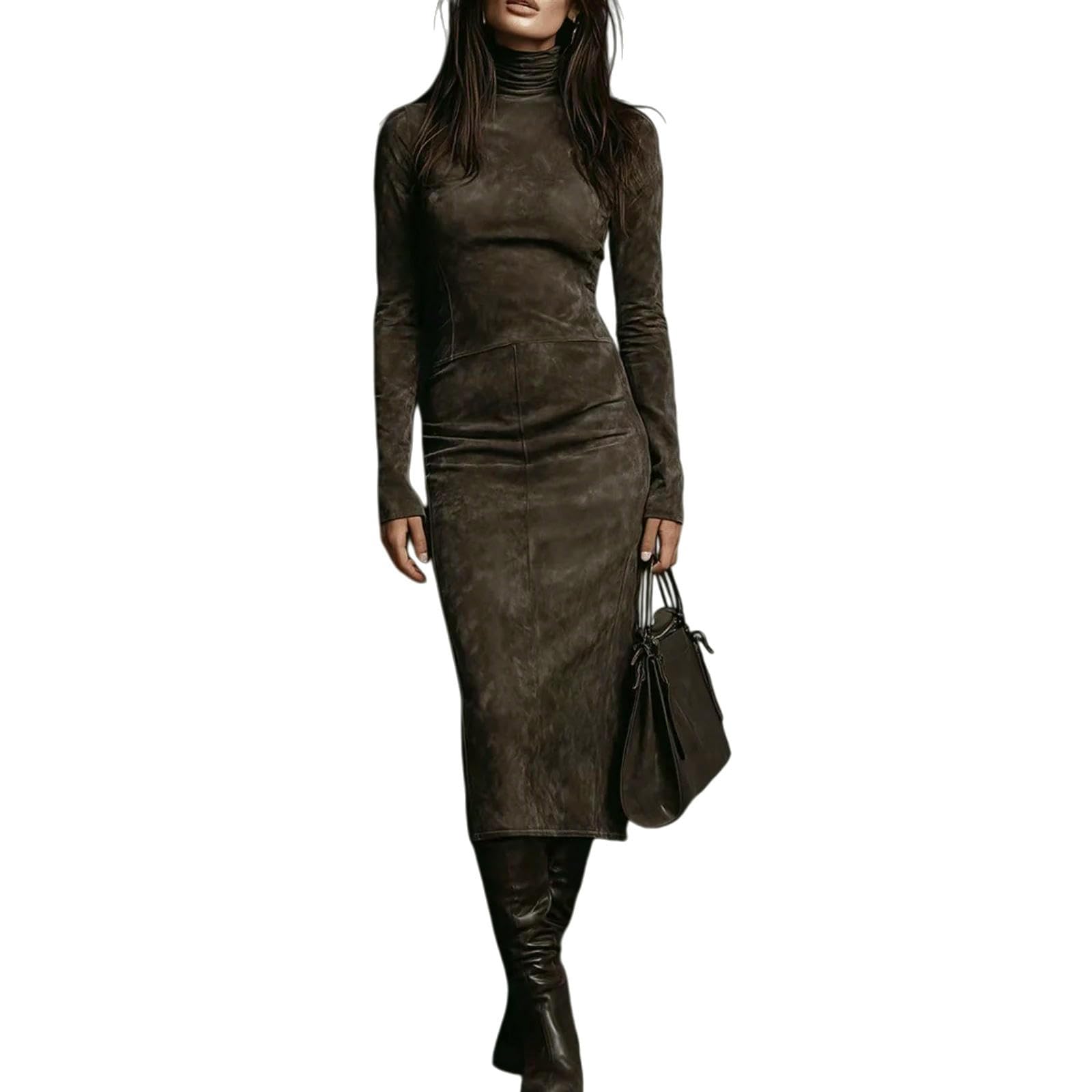 Vestiti a Maniche Lunghe Abito Lungo da Donna in Velluto Plissettato, Maxi Aderente con Collo Alto per Abiti alla Moda, Sera E Festa-Grigio Scuro-m