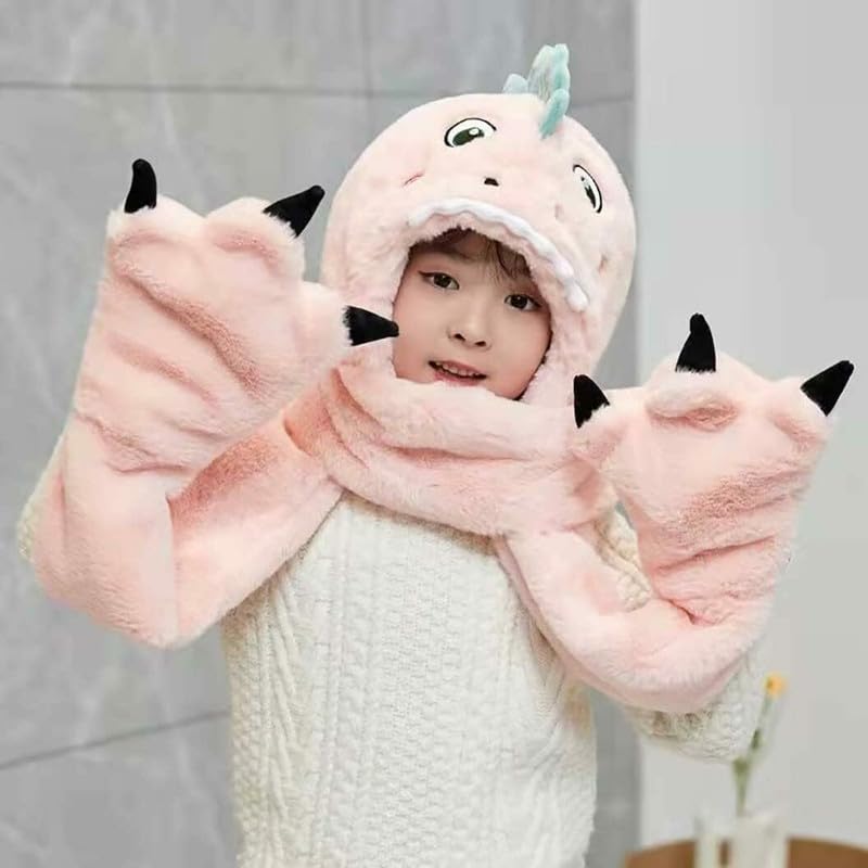 Richmen Winter 3 in 1 Hooded Scarf Hat Gloves Set Women Cute Woolen Cap for Boys Girls Long Thick Fleece Winter Integrated Hoodie Earflap Outdoor Dinasour Hats Kids L Pink(Above 12 Years) 3