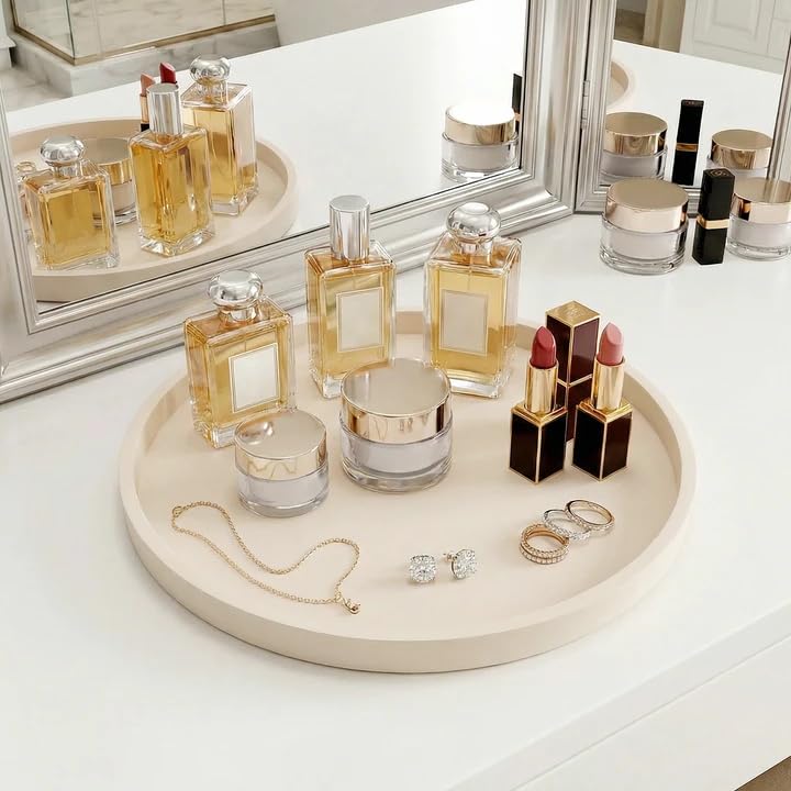 Vassoi decorativi in silicone, vassoio cosmetico da tavolo, vassoio decorativo da toeletta da 27 cm, rotondo antiscivolo, facile da pulire e infrangibile, per profumi, cosmetici (beige)