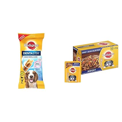 Pedigree Dentastix Medium Breed (10-25 Kg) Oral Care Dog Treat (Chew Sticks) (7 Sticks) 180G Weekly & Adult Wet Dog Food, Grilled Liver Chunks Flavour in Gravy with Vegetables, 15 Pouches ( 15
