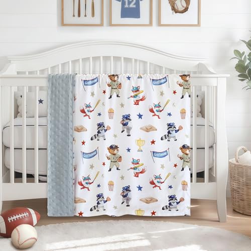 Image of BORITAR Baby Blanket for Boys Girls, Soft Lightweight Minky Blanket with Double Layer Dotted Backing for Infant Toddler Nursery Crib with Cute Woodland Animal Baseball Design, 30 x 40 Inch