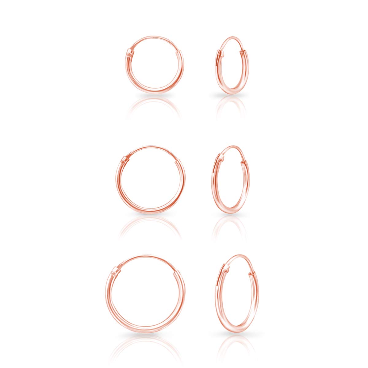 DTPsilverSet de 3 Pares de Pendientes Aro Plata Mujer - Aros Plata Mujer Muy Pequeños - Pendientes Plata de Ley 925, Plateada en Oro Amarillo o Oro Rosa - Espesor 1.2 mm, Diámetro 10, 12, 14 mm