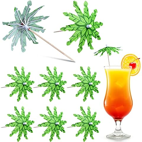 100 Pcs Tropical Coconut Palm Paper Umbrella Cocktail Picks Handmade Green Coconut Palm Tree Parasol Fruit Sticks For Drinks Cupcake Pool Party Decoration Cover