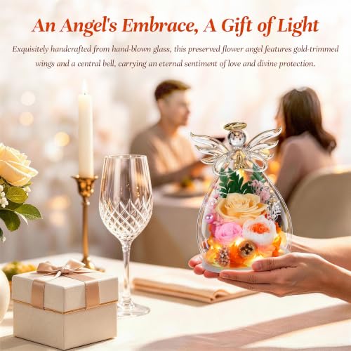 Image of encavy Birthday Gifts for Women,Fresh Flowers for Delivery,Preserved Rose Flowers in Angel Figurines,Light Up Champagne Angel Real Rainbow Roses for Mom Grandma Wife Her Girlfriend Anniversary