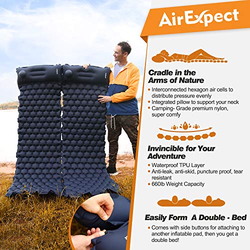 AirExpect Camping Sleeping Pads with Built-in Pump - Upgraded Inflatable Camping Pad with Pillow for Backpacking, Traveling,Durable Waterproof Compact Ultralight Hiking Pad