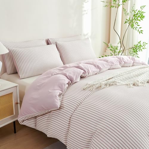 Image of Light Purple Striped Comforter Set Queen - 3 Pieces Bedding Comforter Set for All Season, Soft Lightweight Washed Microfiber, 1 Striped Comforter and 2 Pillowcases (Light Purple, Queen Size)