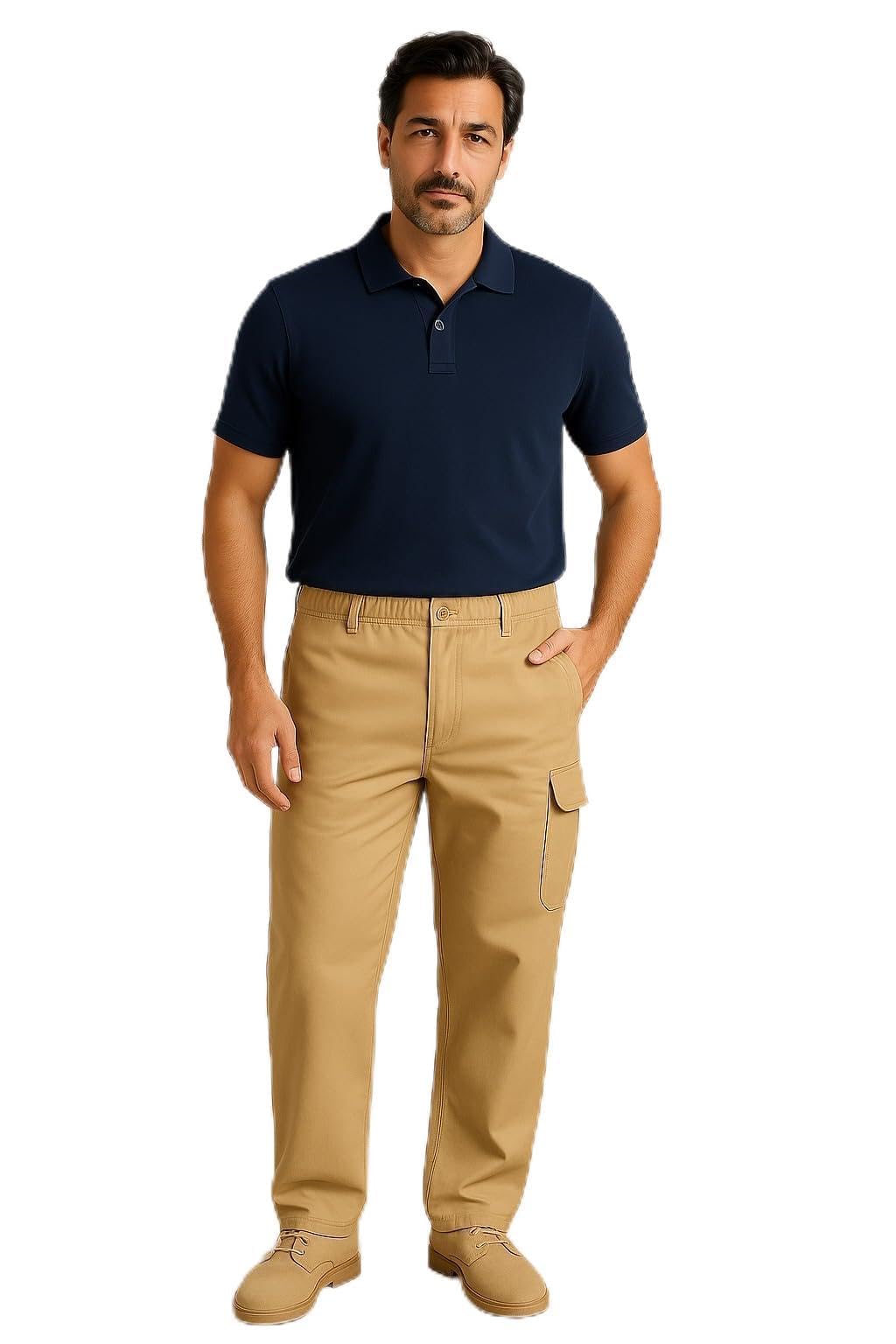 Urbanfit Men's Beige Cargo Trousers, Elasticated Waist, 6 Pockets, Open Hem, Chino Style - 2388 (Uk, Waist & Inseam, 44, 31, )