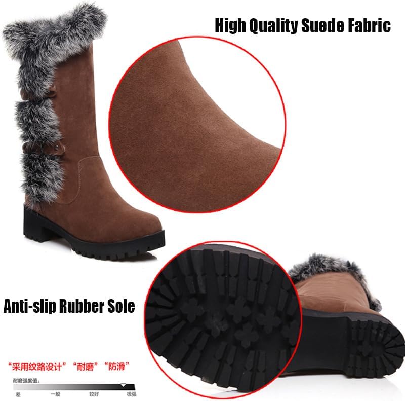 Women's Mid-Calf Winter Platform Hidden Wedge Boots Slip-on Thick Rabbit Fur Collar Warm Waterproof Stretch Leather Non-slip Snow Boot - Image 3