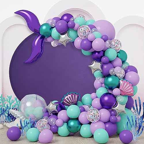 7.5FT Purple Round Backdrop Cover Wrinkle Resistant Circle Background Round Photography Backdrop for Weddings Mermaid Birthday Baby Shower Decorations