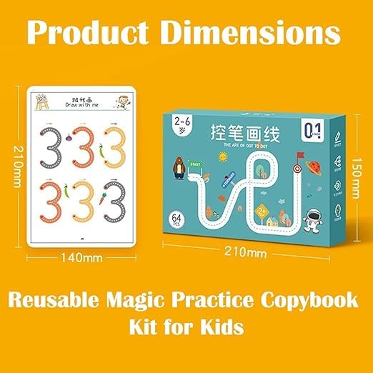 Image of 64 Pages Pen Control Training Exercise Book. Magical Writing Practice Workbook for Kids. Reusable Tracing Practice Book. Educational Learning Kit for Toddlers with Cards & Markers. For Kids. Age 2+.