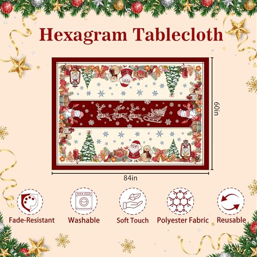 Hexagram Christmas Tablecloth Rectangle 60 x 84 Inch, Christmas Table Cloth, Snowman Tablecloth Winter Xmas Santa Tablecloths for Kitchen Dining Decor