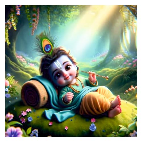 Image of Techgifti Baby Krishna Sleeping Jungal Feather Wall Poster for Pooja Room, Office, Kids Room (Size- 46CM X 46CM)