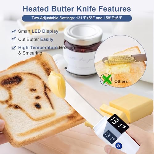 Heated Butter Knife - Stainless Steel Rechargeable USB Smart Temperature Control (131°F/158°F), Real-time Temp Display & IP68 Waterproof, for Hard Butter, Cheese, Jam, Peanut Butter & More - Kitchen Gadget Butter Spreader Knife