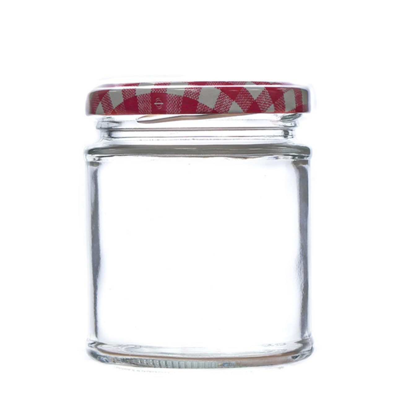 Wares of Knutsford 12 x 190ml (8oz) Glass Jam Jars with Lids – Straight Sided Preserving Jars for Jam, Honey, Chutney, Marmalade & Crafts (Red Gingham Lids)