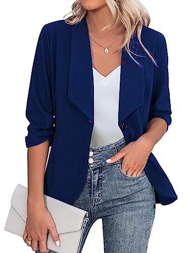 Zeagoo Damen Einfarbig Blazer Halbarm Elegant Sportlich Business Jacke Lang Büro Jacke Slim Fit Blau XL