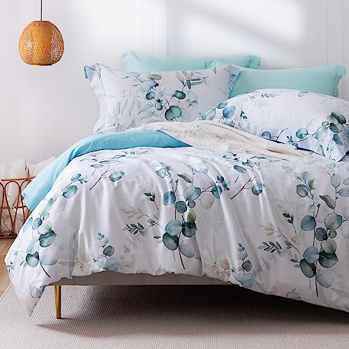 MILDLY 100% Long-Staple Cotton Duvet Cover Set Baby Blue Teal Gradient Leaf Pattern Printed Comforter Cover 3pcs, Ultra Soft & Breathable Bedding Set