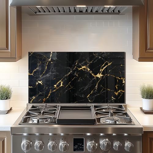 DAIFURONGE Tempered Glass Backsplash For Kitchen Behind Stove,Black Marbling Stove Backsplash Top Cover,Easy to Clean Glass Splashback, Sink Cover Splash Guard,Home Kitchen Wall Decor (30